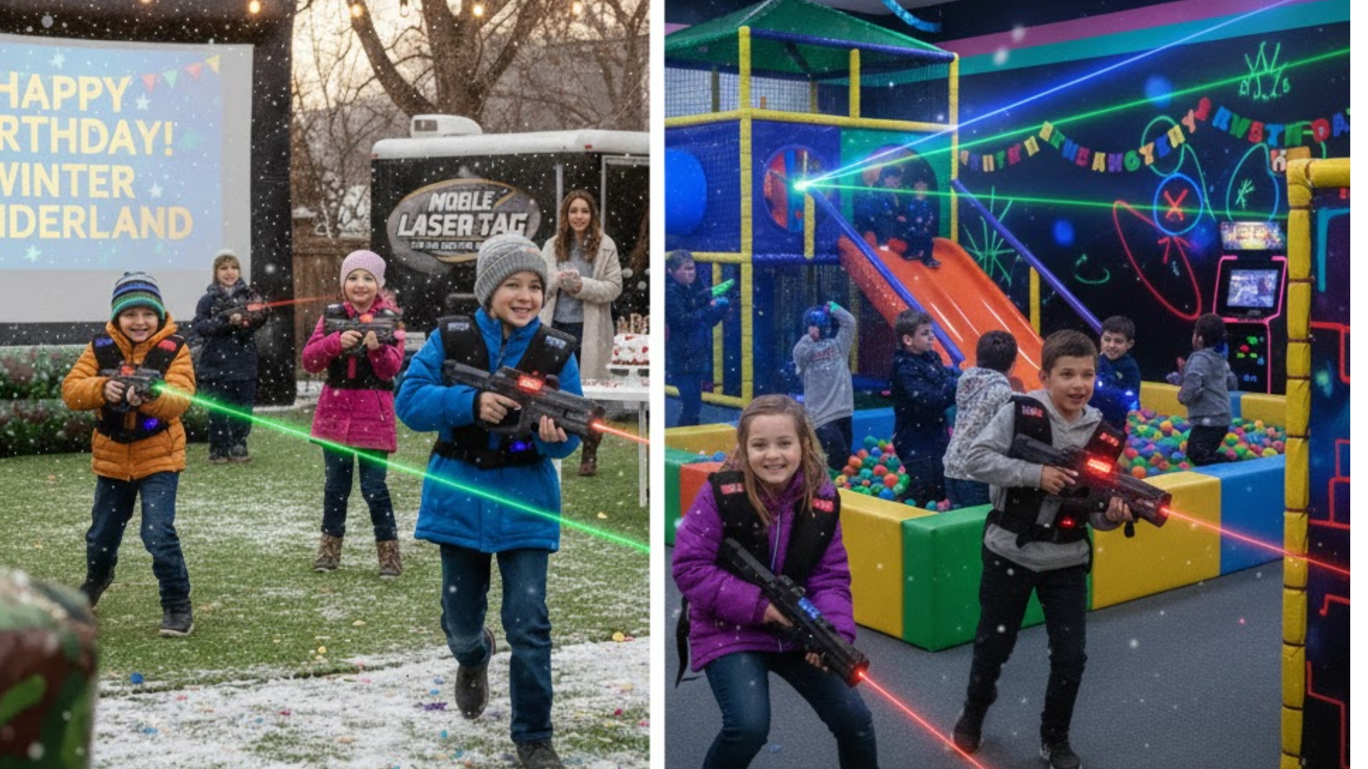 A comparison graphic showing the differences and benefits of outdoor laser tag vs indoor parties for children's birthdays.